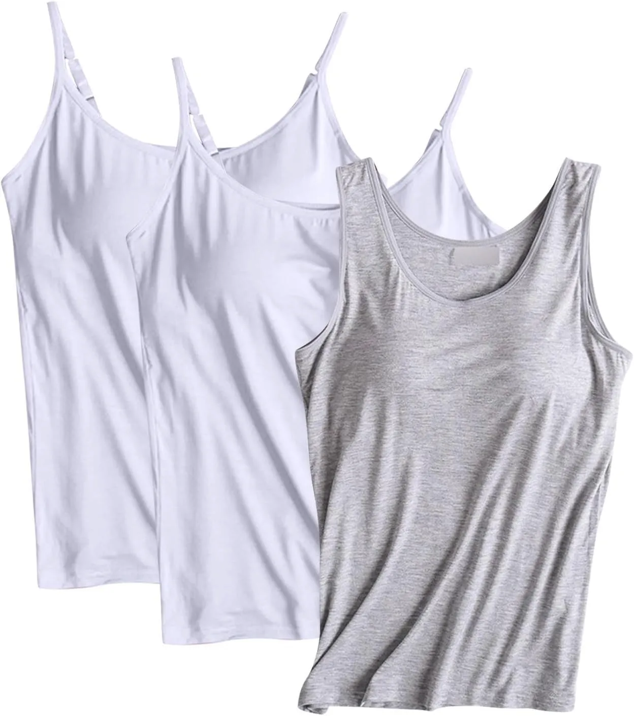 3 Pack Built-in Bra Undershirts,Women Tank Tops and Camisole,Summer Soft Comfy Modal Scoop Neck Yoga Workout Tees