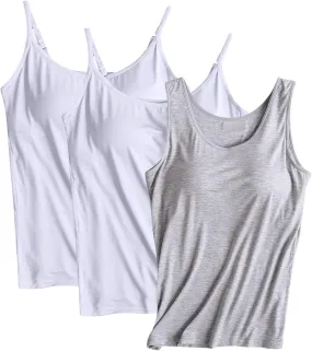 3 Pack Built-in Bra Undershirts,Women Tank Tops and Camisole,Summer Soft Comfy Modal Scoop Neck Yoga Workout Tees