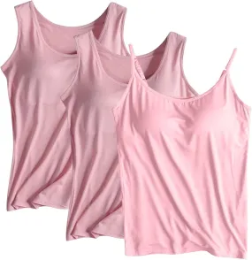 3 Pack Women Tank Tops and Camisole Summer Soft Comfy Modal Built-in Bra Undershirts Sleeveless Scoop Neck Yoga Tees