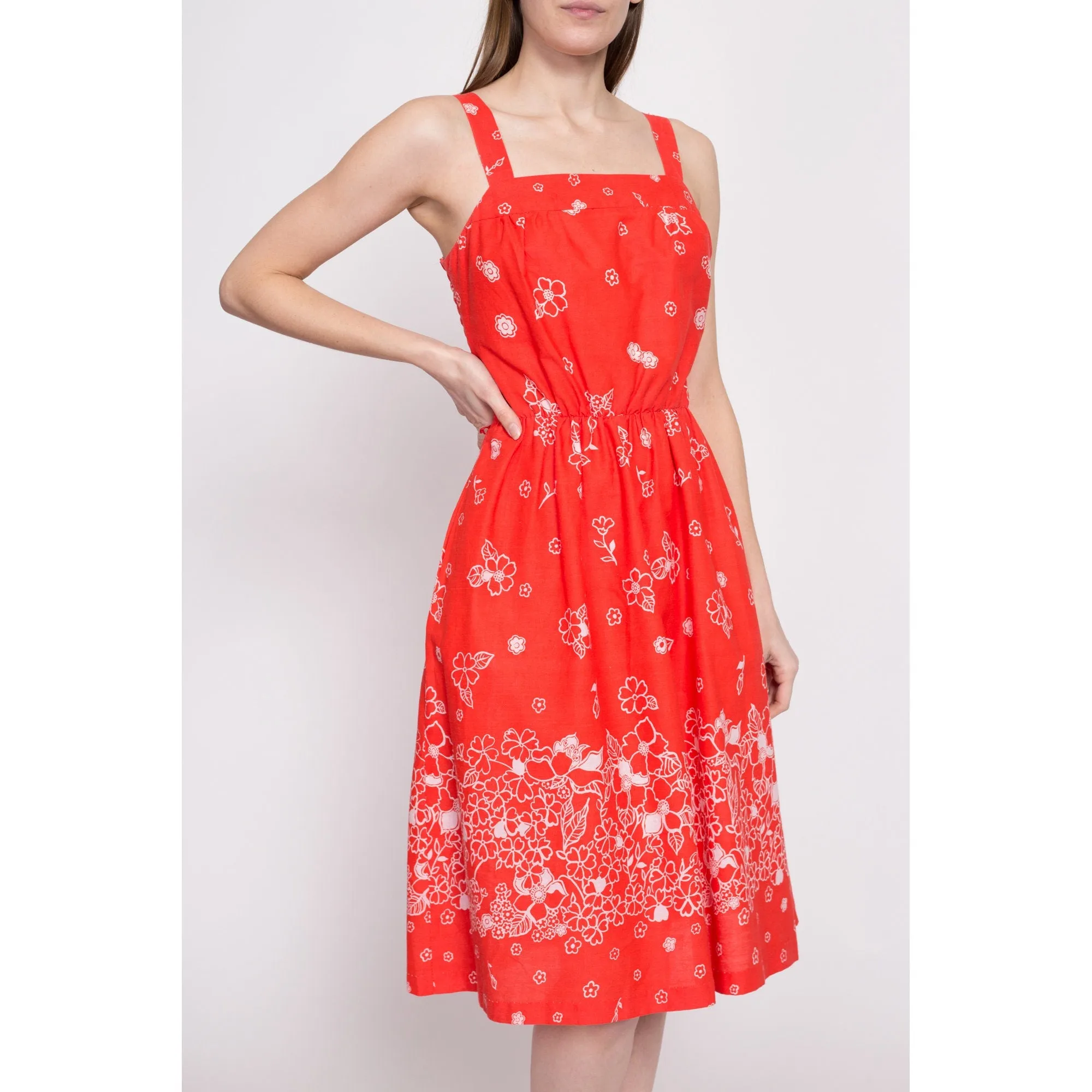 70s Red Orange Floral Fit & Flare Sundress - Medium