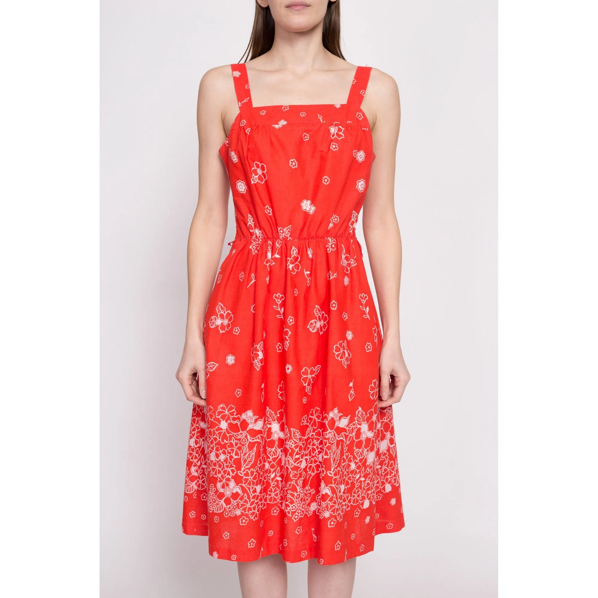 70s Red Orange Floral Fit & Flare Sundress - Medium