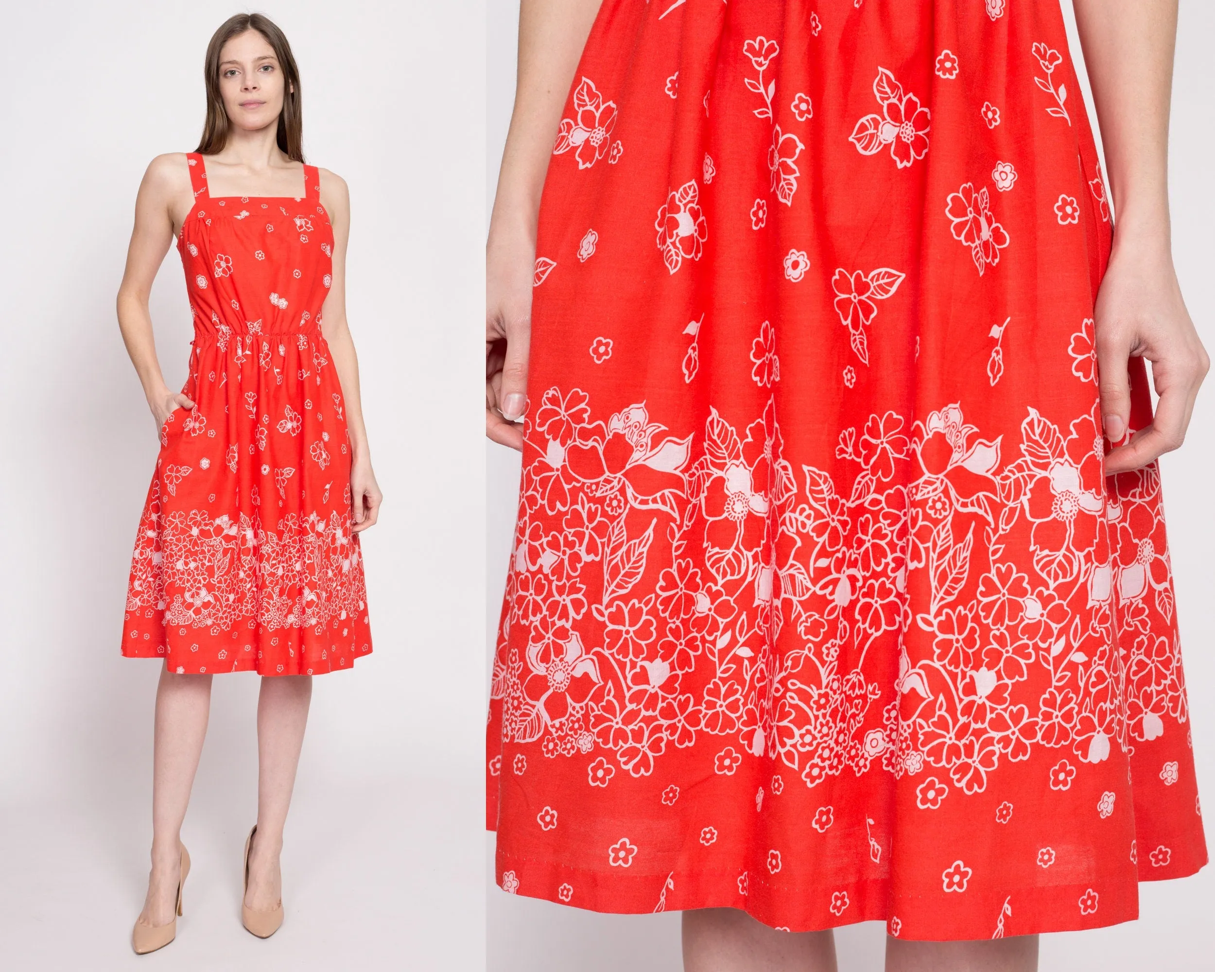 70s Red Orange Floral Fit & Flare Sundress - Medium