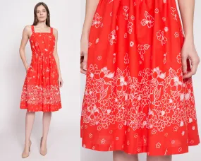 70s Red Orange Floral Fit & Flare Sundress - Medium