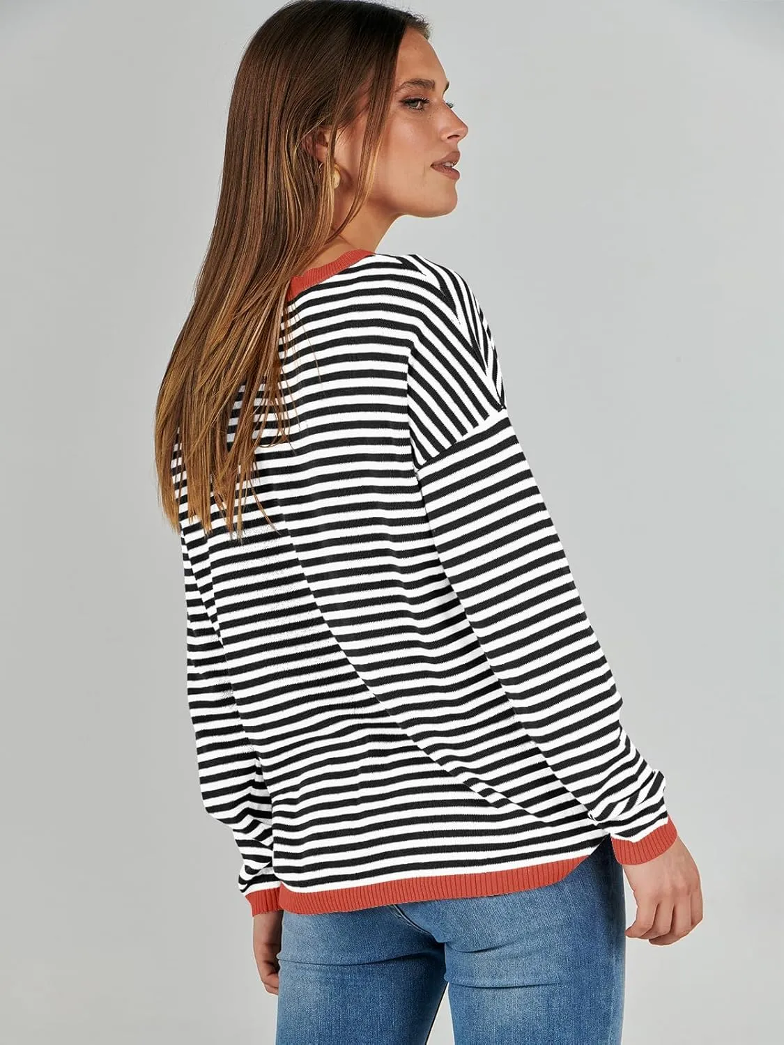 ANRABESS Womens Sweaters Striped Color Block Long Sleeve Crewneck Casual Loose Knitted Pullover Shirts 2025 Fall Trendy Tops