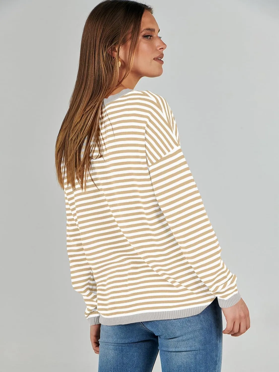 ANRABESS Womens Sweaters Striped Color Block Long Sleeve Crewneck Casual Loose Knitted Pullover Shirts 2025 Fall Trendy Tops