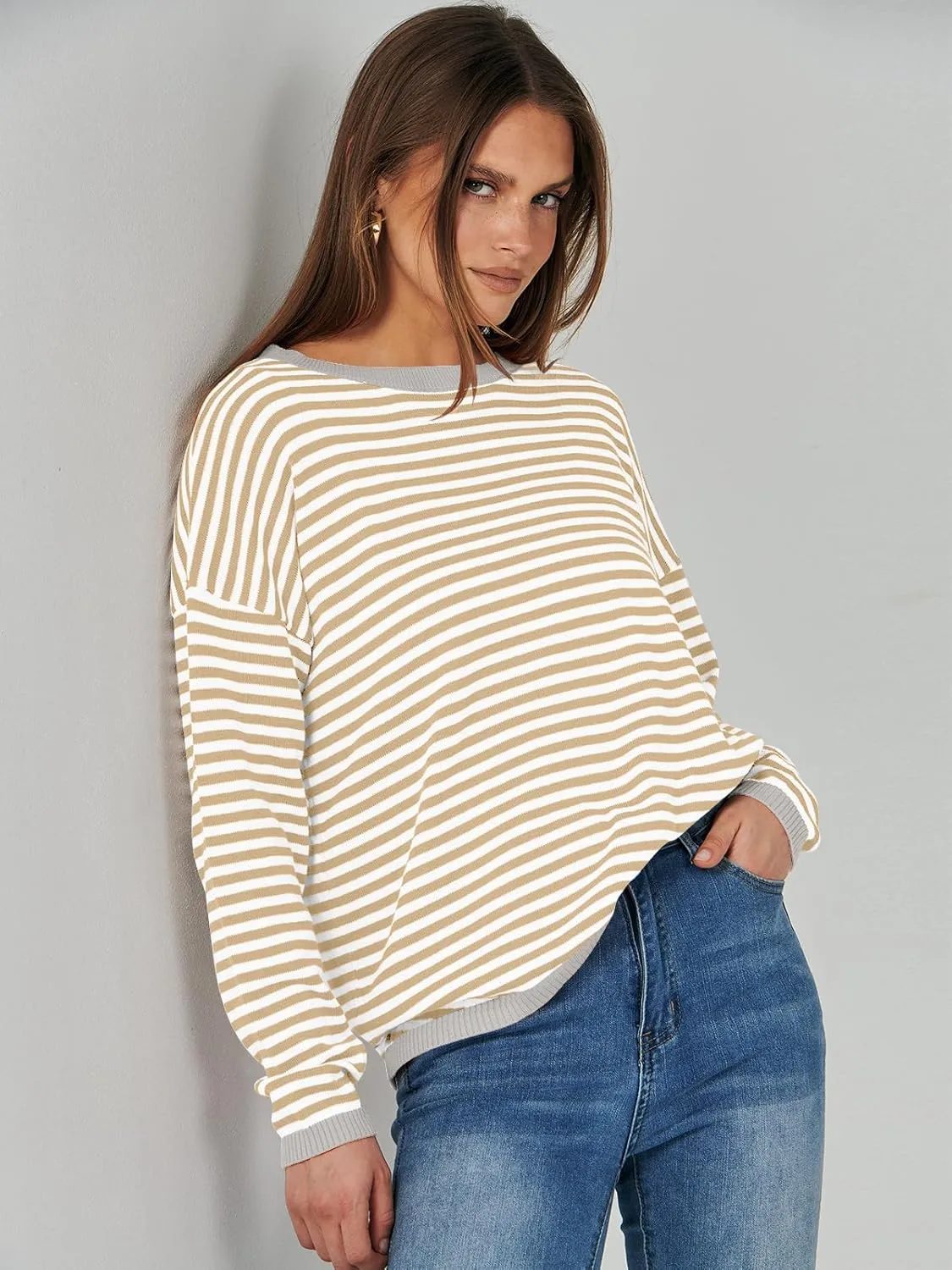 ANRABESS Womens Sweaters Striped Color Block Long Sleeve Crewneck Casual Loose Knitted Pullover Shirts 2025 Fall Trendy Tops