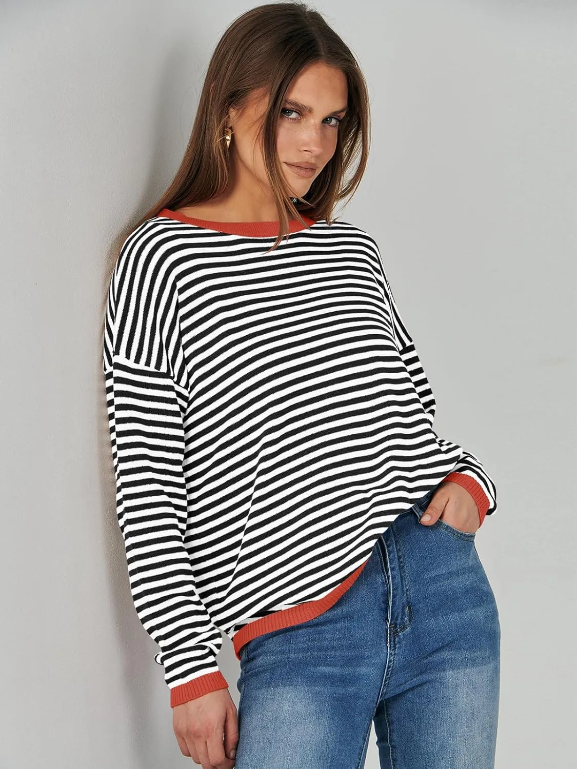ANRABESS Womens Sweaters Striped Color Block Long Sleeve Crewneck Casual Loose Knitted Pullover Shirts 2025 Fall Trendy Tops
