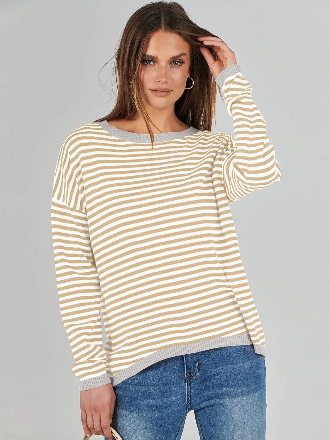 ANRABESS Womens Sweaters Striped Color Block Long Sleeve Crewneck Casual Loose Knitted Pullover Shirts 2025 Fall Trendy Tops