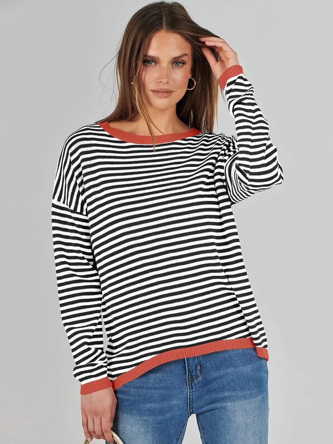 ANRABESS Womens Sweaters Striped Color Block Long Sleeve Crewneck Casual Loose Knitted Pullover Shirts 2025 Fall Trendy Tops