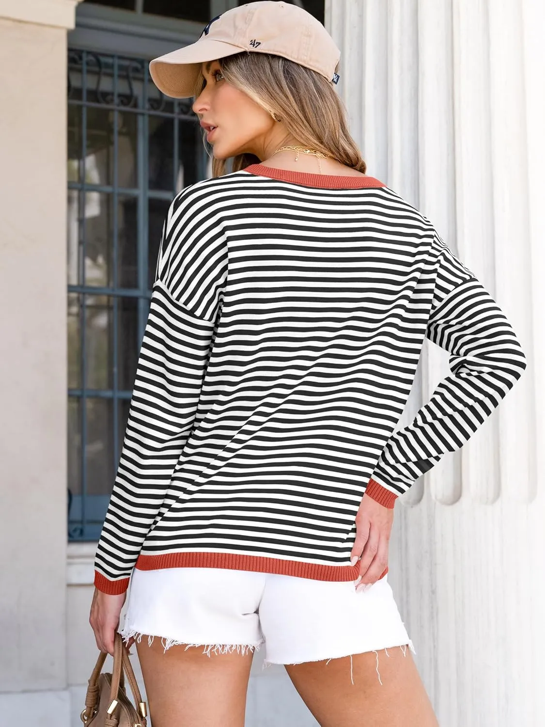 ANRABESS Womens Sweaters Striped Color Block Long Sleeve Crewneck Casual Loose Knitted Pullover Shirts 2025 Fall Trendy Tops