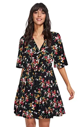 Black Floral Red Women's Boho Button Up Split Floral Print Flowy Party Dress - Milumia