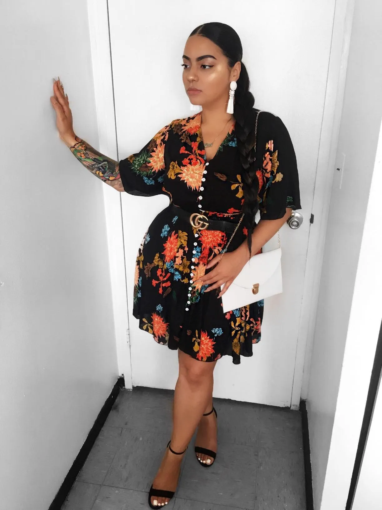 Black Floral Red Women's Boho Button Up Split Floral Print Flowy Party Dress - Milumia