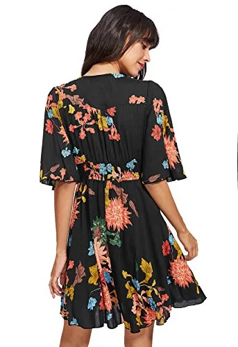 Black Floral Red Women's Boho Button Up Split Floral Print Flowy Party Dress - Milumia