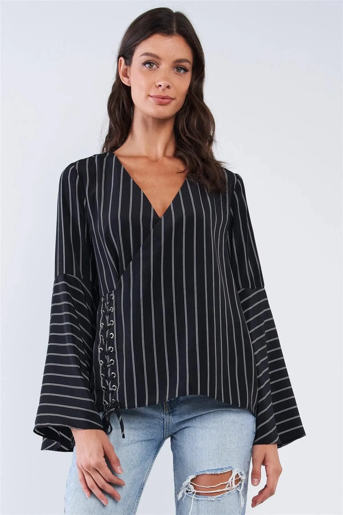 Black V-Neck Striped Bellflower Long Sleeve Top