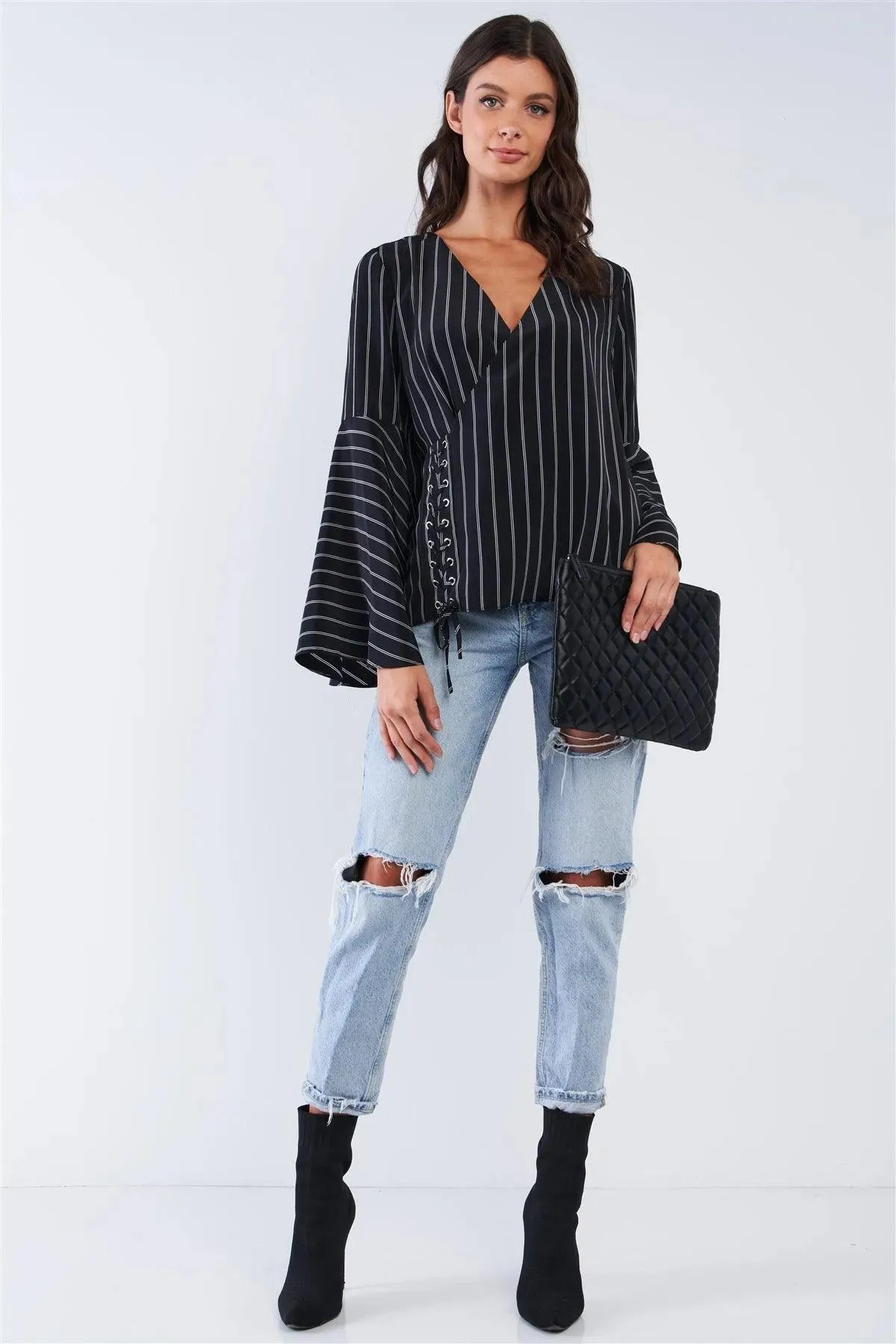 Black V-Neck Striped Bellflower Long Sleeve Top
