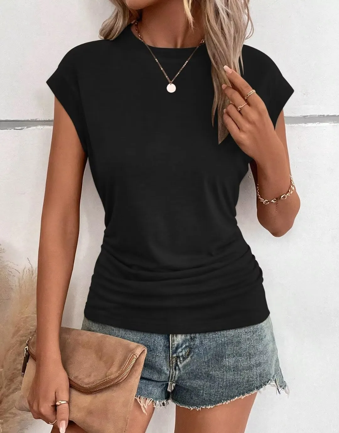 Bliwov Womens Summer Cap Sleeve Tops Business Casual Crewneck T Shirts Trendy Outfits 2025 Beach Vacation Fashion Blouses