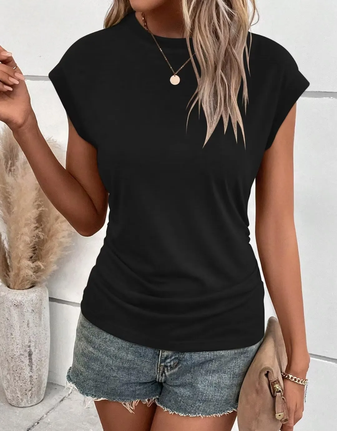 Bliwov Womens Summer Cap Sleeve Tops Business Casual Crewneck T Shirts Trendy Outfits 2025 Beach Vacation Fashion Blouses