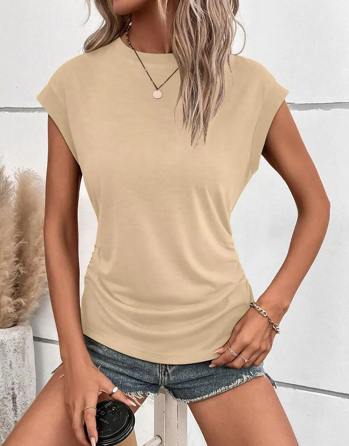 Bliwov Womens Summer Cap Sleeve Tops Business Casual Crewneck T Shirts Trendy Outfits 2025 Beach Vacation Fashion Blouses