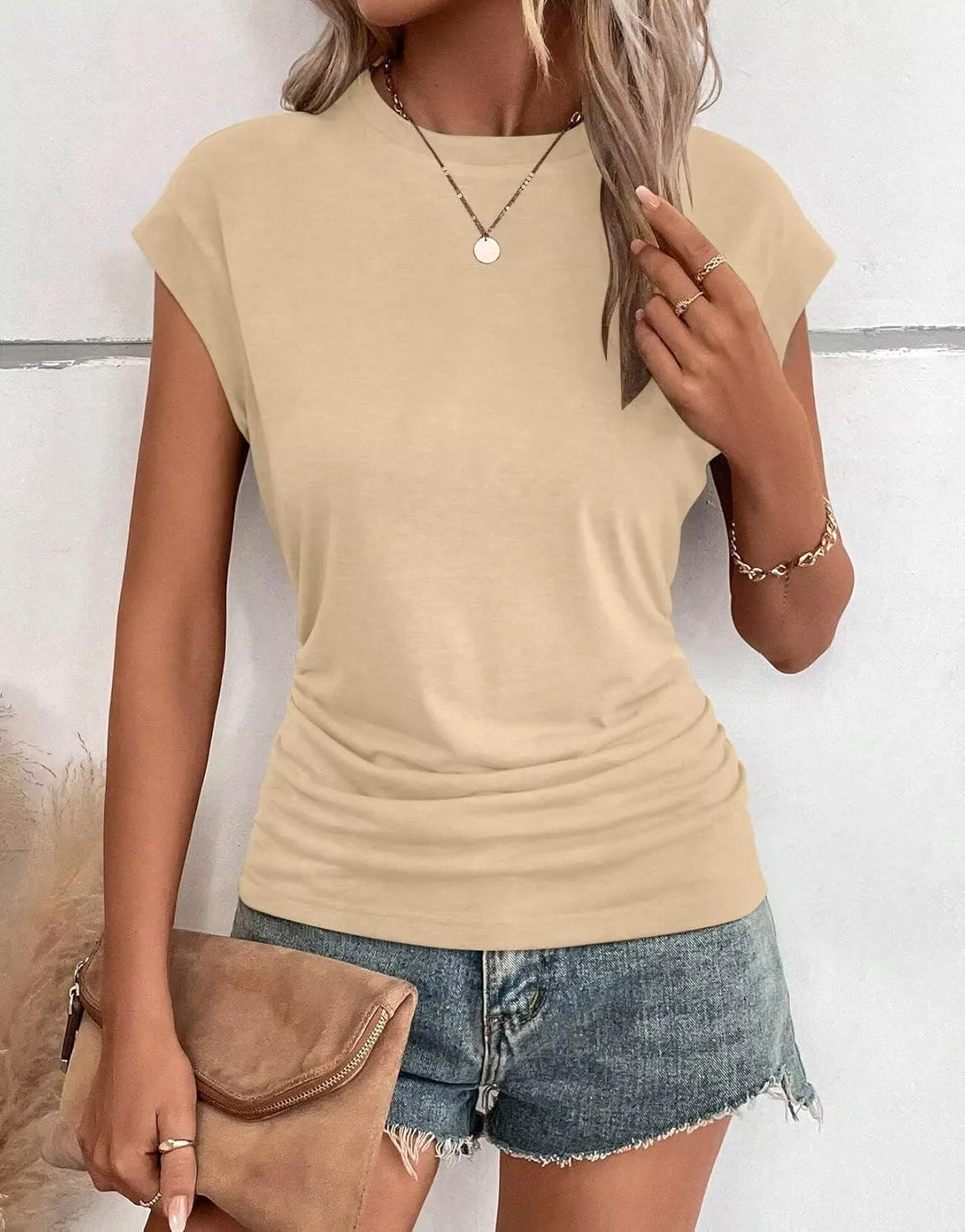 Bliwov Womens Summer Cap Sleeve Tops Business Casual Crewneck T Shirts Trendy Outfits 2025 Beach Vacation Fashion Blouses