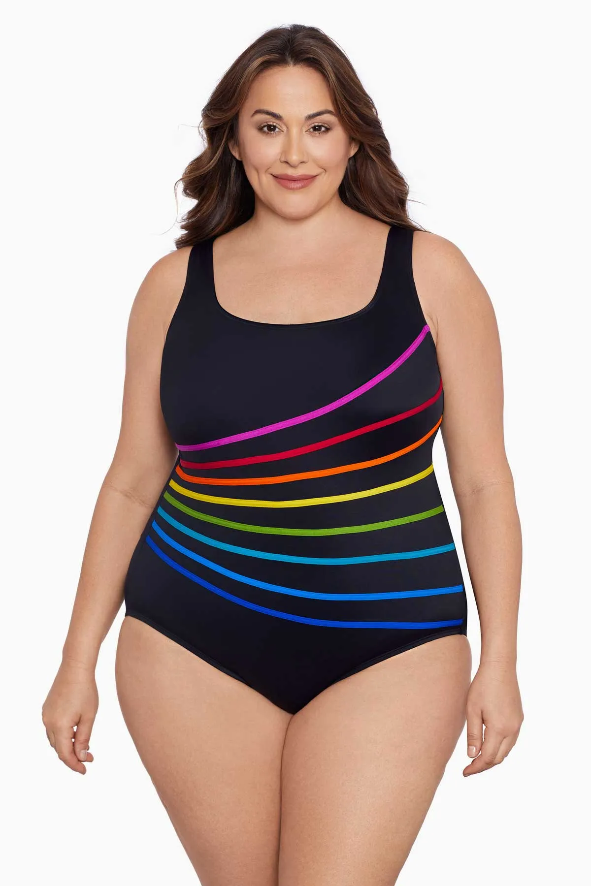 Block It Up Plus Size Long Torso 8 Overlay Fan Tank One Piece