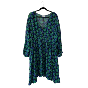 blue & green floral print dress with long sleeves - 3X