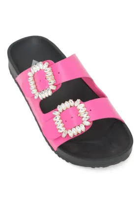 BUCKLED BLISS SLIDES-FUCHSIA