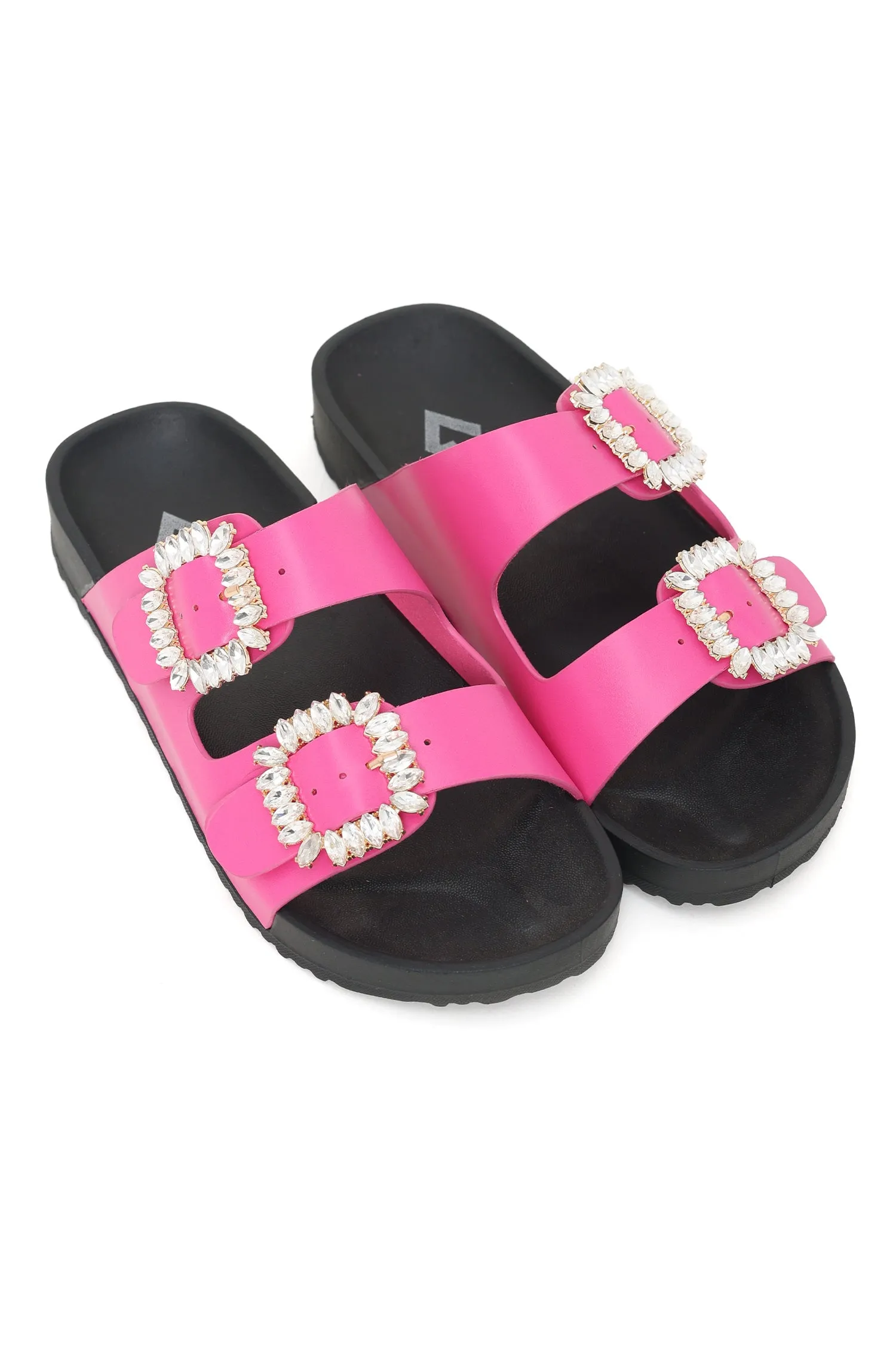 BUCKLED BLISS SLIDES-FUCHSIA