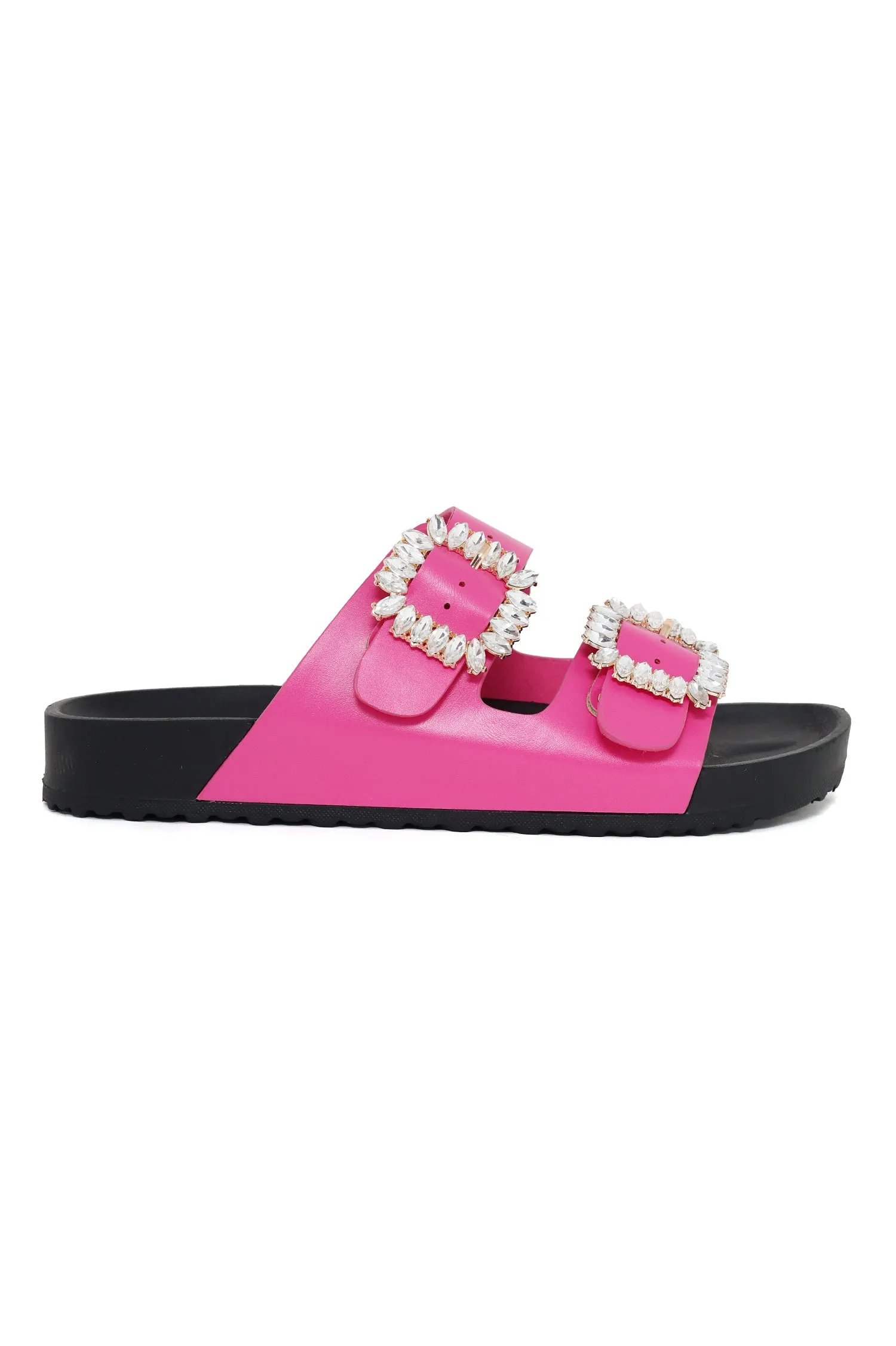 BUCKLED BLISS SLIDES-FUCHSIA