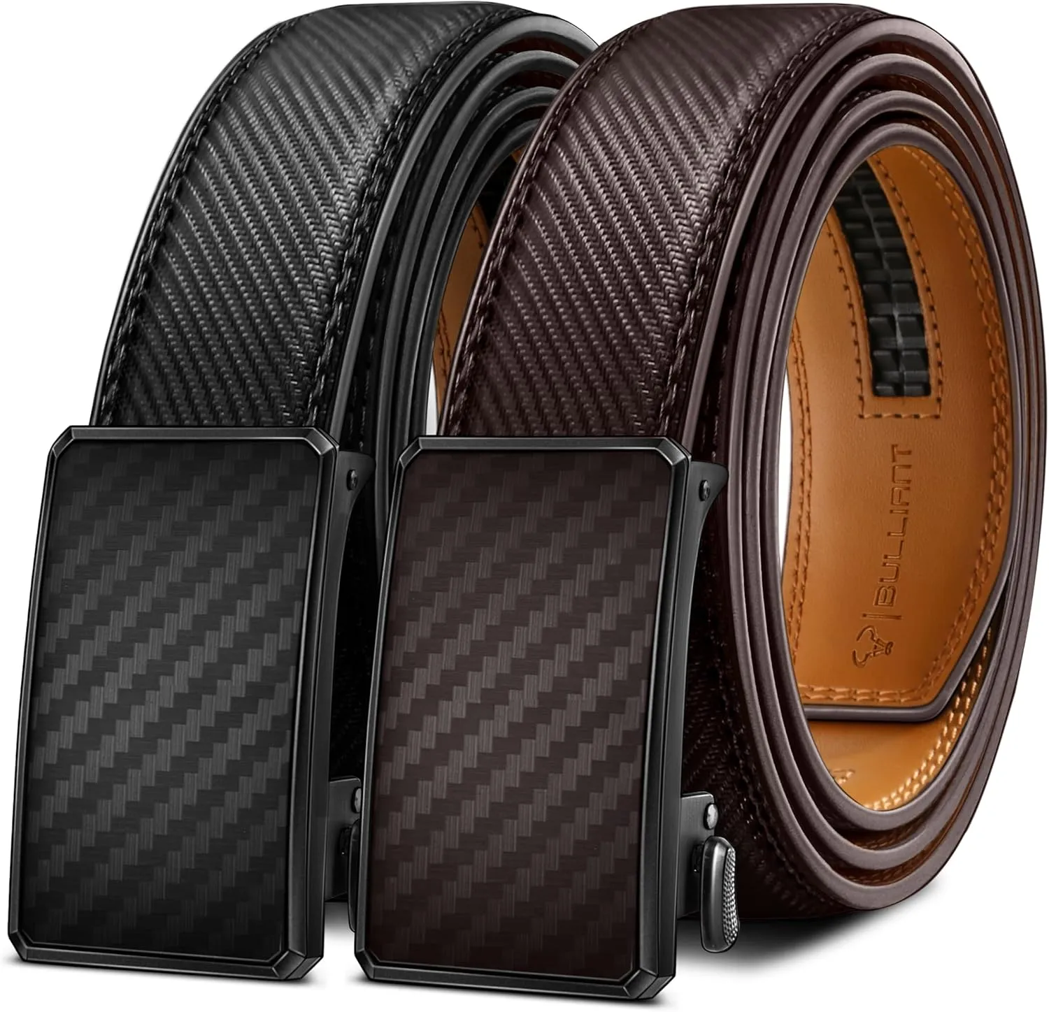 BULLIANT Men Belt 2Pack,Ratchet Click Adjustable Belt Genuine Leather For Gift Men Dress Casual Tailless Design-Cut For Fit