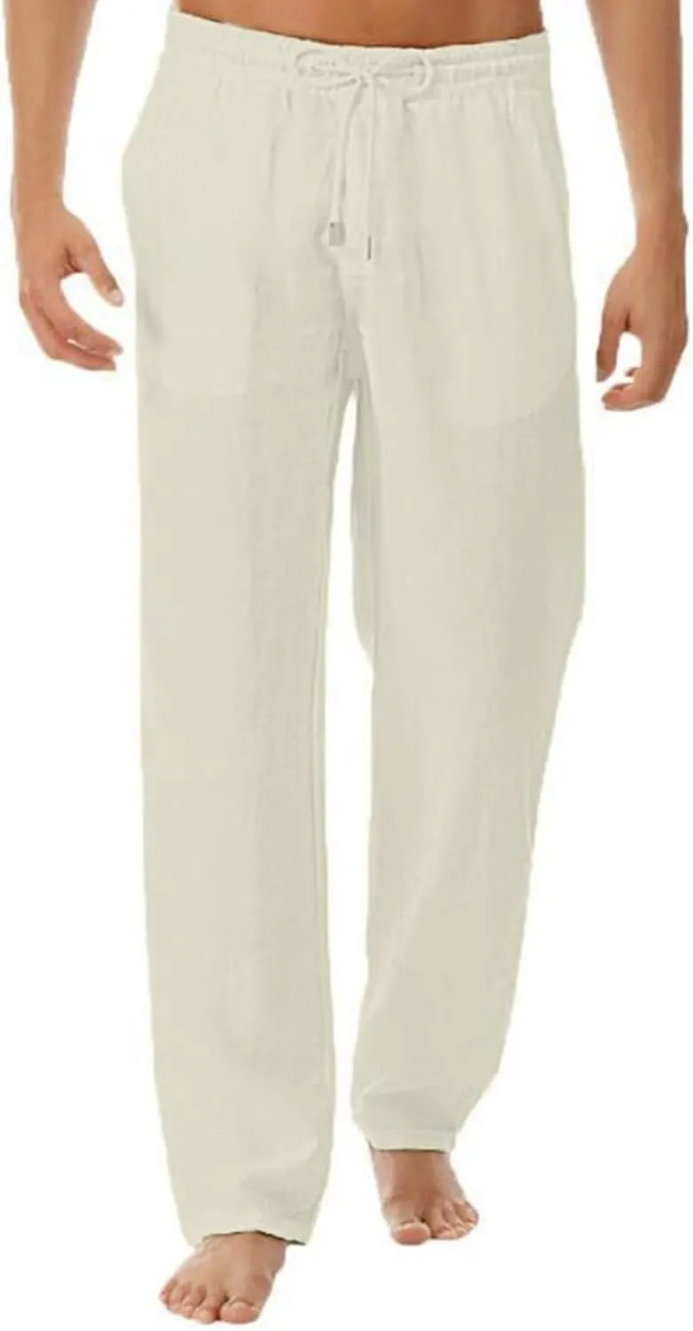 Casual Linen Pants for Men Baggy Drawstring Elastic Waist Classic Fit Trousers Work Sweatpants Multi Pockets Aztec Western Style Corduroy Pant