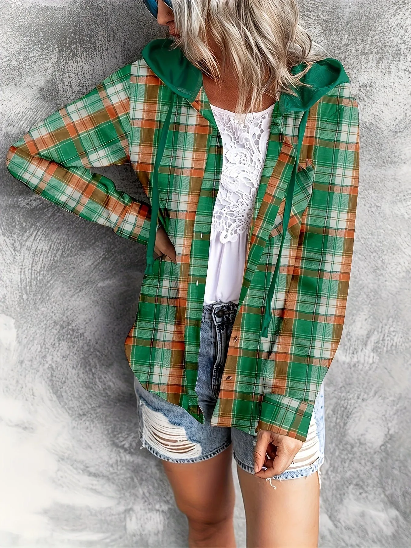 Casual Plaid Print Long Sleeve Drawstring Hooded Blouse