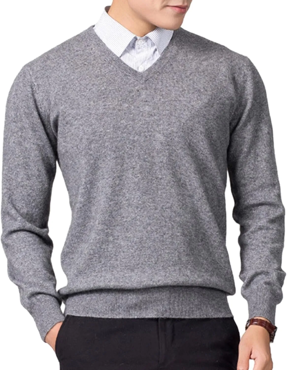 Comfortable Men Sweater Men Winter Sweater Men's V-neck Solid Color Sweater Warm Comfortable Grey L