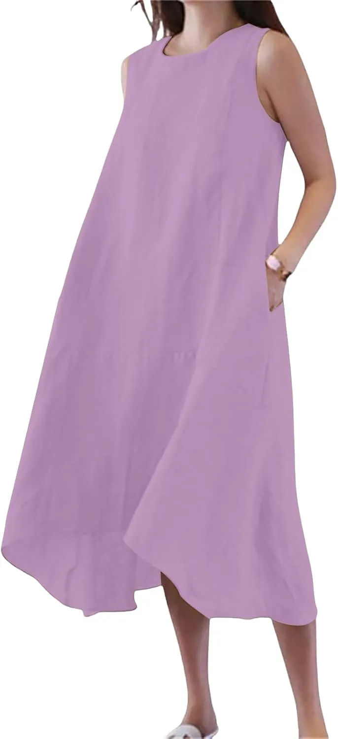 Cotton Linen Dress Women Summer Long Beach Dresses Casual Maxi Sundress Flowy Tshirt A Line Dress with Pockets