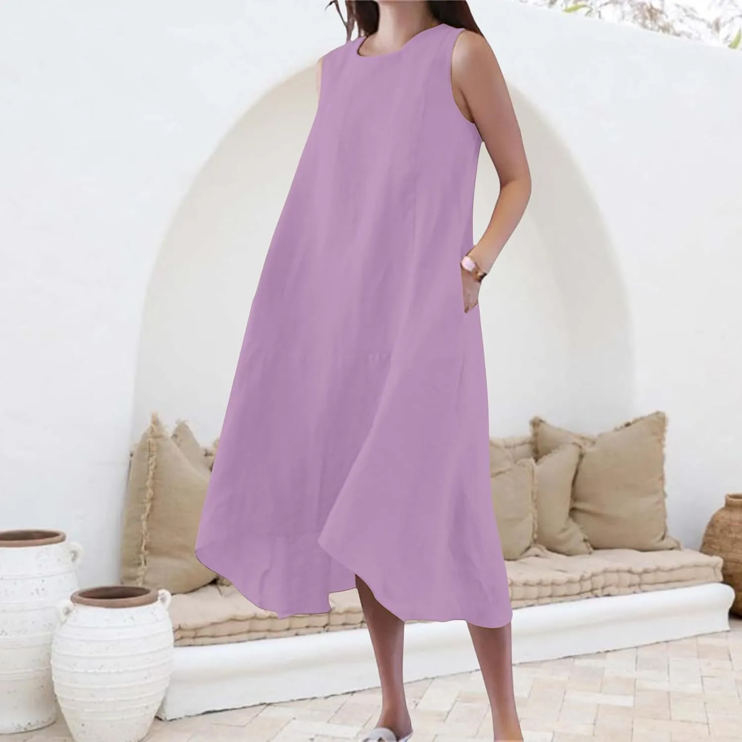 Cotton Linen Dress Women Summer Long Beach Dresses Casual Maxi Sundress Flowy Tshirt A Line Dress with Pockets