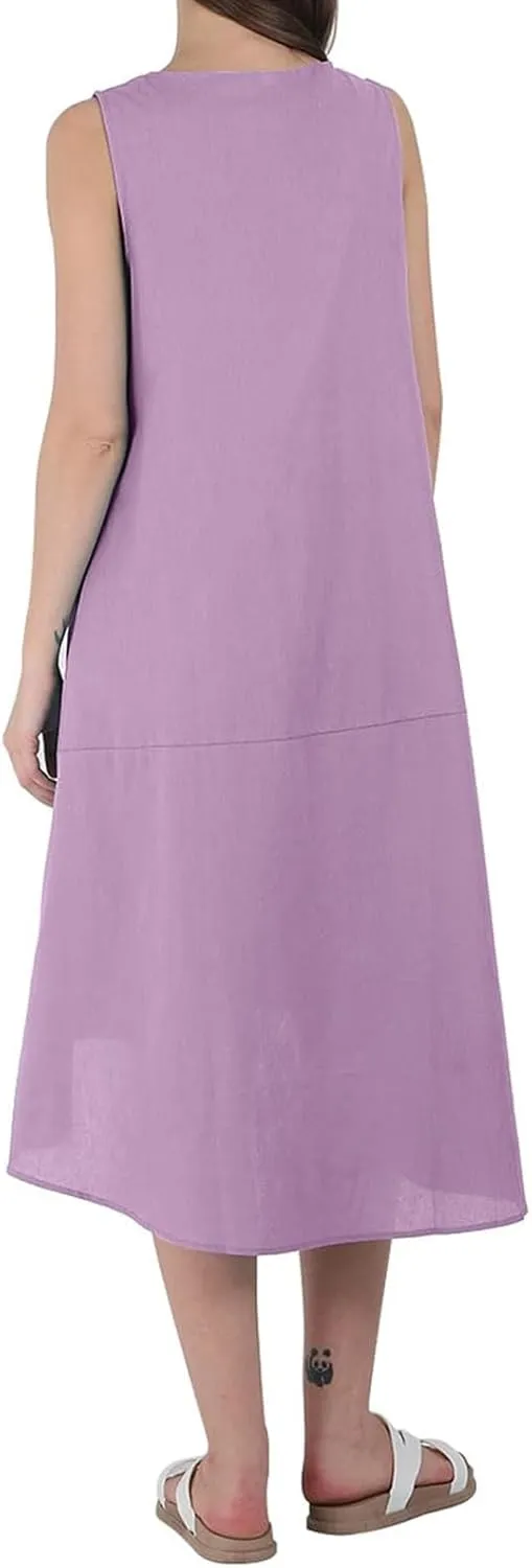 Cotton Linen Dress Women Summer Long Beach Dresses Casual Maxi Sundress Flowy Tshirt A Line Dress with Pockets