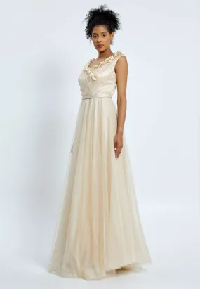 Cream Floral Neck Line Sleeveless Flowy Dress