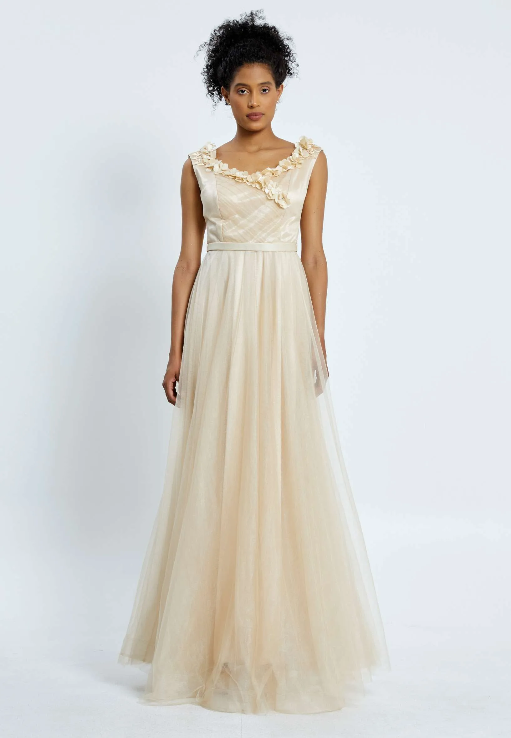 Cream Floral Neck Line Sleeveless Flowy Dress