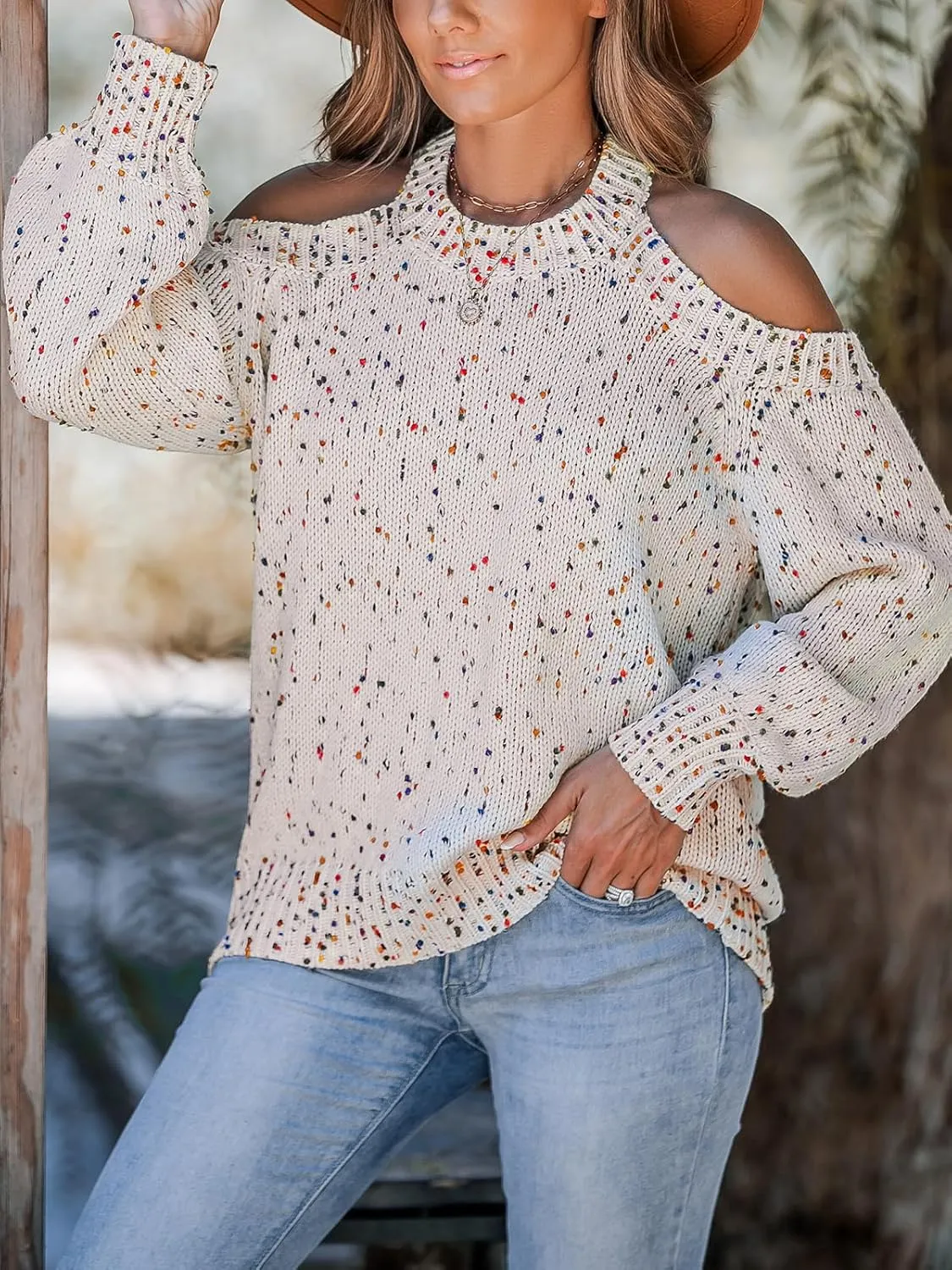 CUPSHE Women's Cold Shoulder Oversized Sweaters Long Sleeve Criss Cross Rainbow Pom Knit Jumper Tops