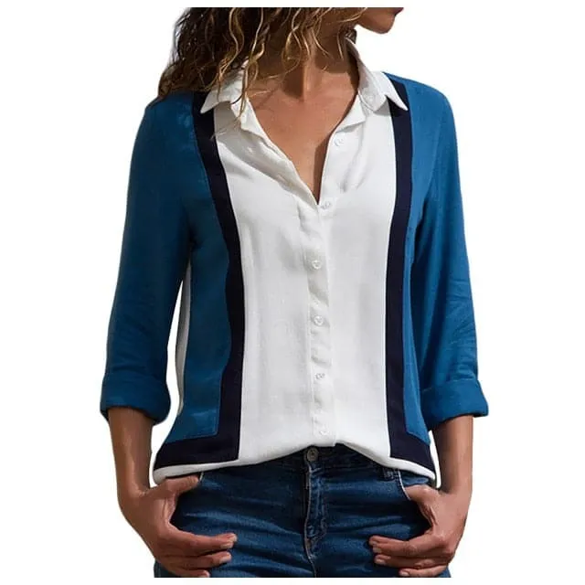 DressBetty - Fashion Women Long Sleeve Patchwork Turn Down Collar Office Lady Shirt Blouse Shirt Casual Tops Plus Size