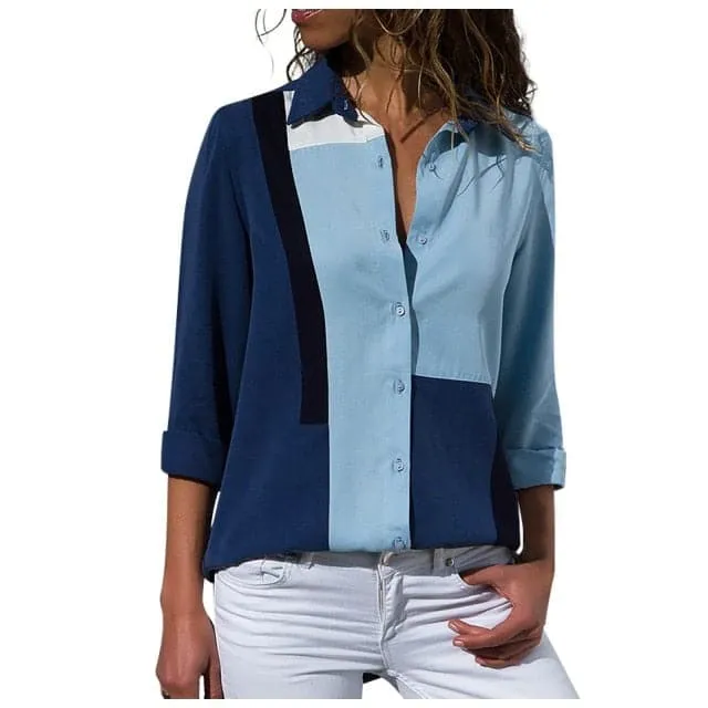 DressBetty - Fashion Women Long Sleeve Patchwork Turn Down Collar Office Lady Shirt Blouse Shirt Casual Tops Plus Size