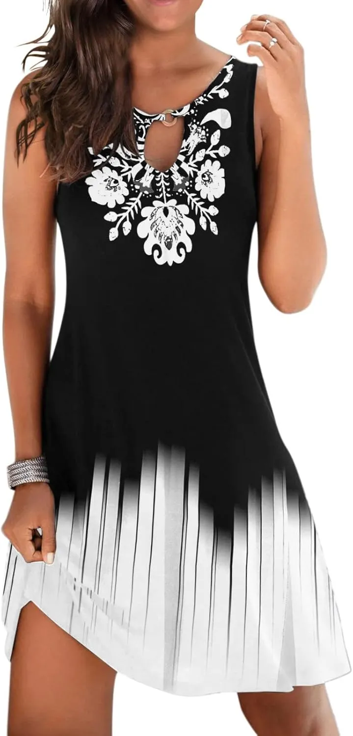 Dresses for Women 2024 Casual Short Sundress Printed Crewneck Sleeveless Tank Dress A Line Sun Dress Summer Dresses
