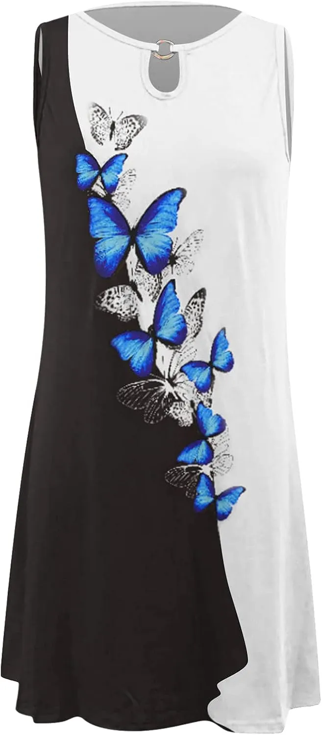 Dresses for Women 2024 Casual Short Sundress Printed Crewneck Sleeveless Tank Dress A Line Sun Dress Summer Dresses