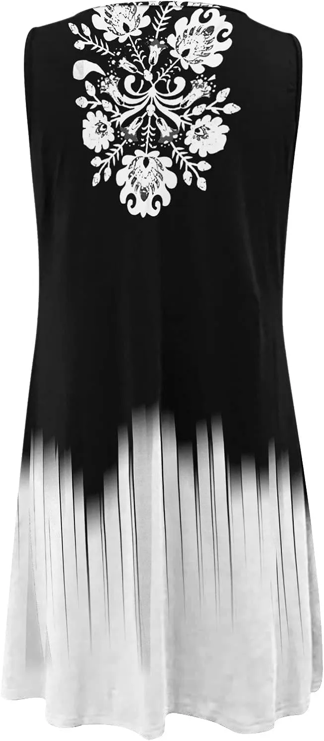 Dresses for Women 2024 Casual Short Sundress Printed Crewneck Sleeveless Tank Dress A Line Sun Dress Summer Dresses