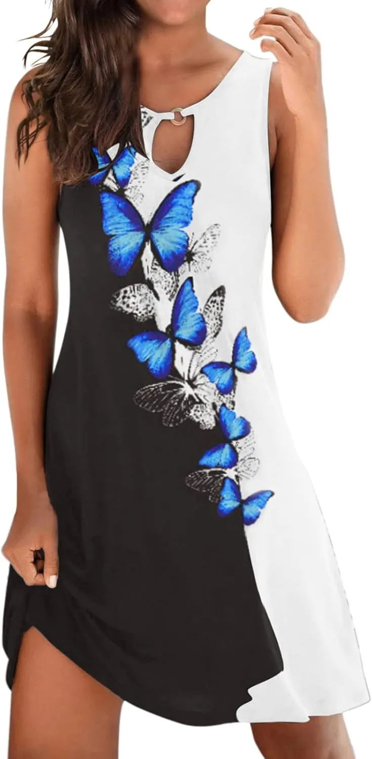 Dresses for Women 2024 Casual Short Sundress Printed Crewneck Sleeveless Tank Dress A Line Sun Dress Summer Dresses