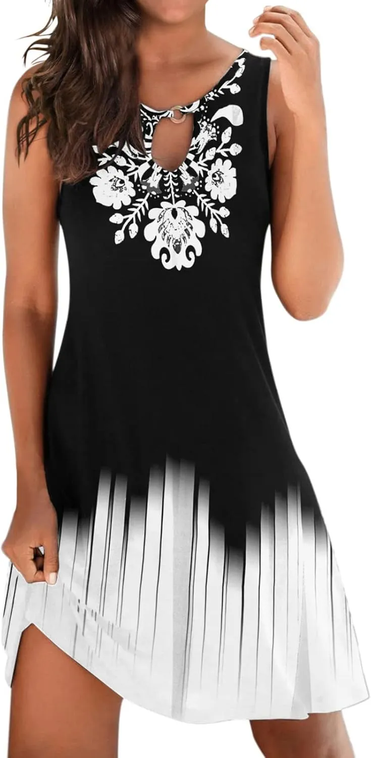 Dresses for Women 2024 Casual Short Sundress Printed Crewneck Sleeveless Tank Dress A Line Sun Dress Summer Dresses
