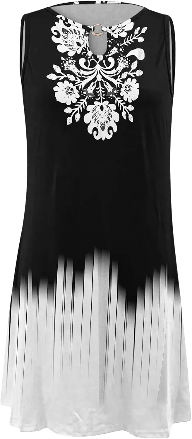 Dresses for Women 2024 Casual Short Sundress Printed Crewneck Sleeveless Tank Dress A Line Sun Dress Summer Dresses