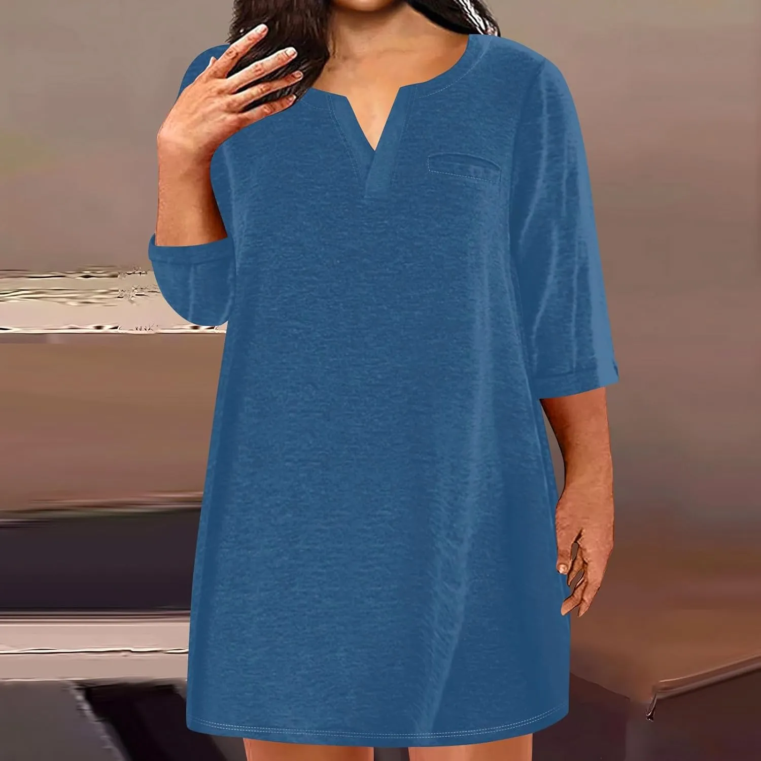 Dresses for Women 2024 Plus Szie 3/4 Length Sleeve Shirt Dress Trendy Loose Fit V Neck Sundress Casual Beach Dress