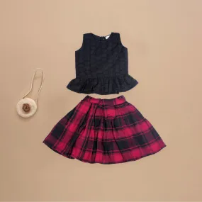 Elegant Black Hakkoba Printed Top with Red Knee-Length Skirt for Girls