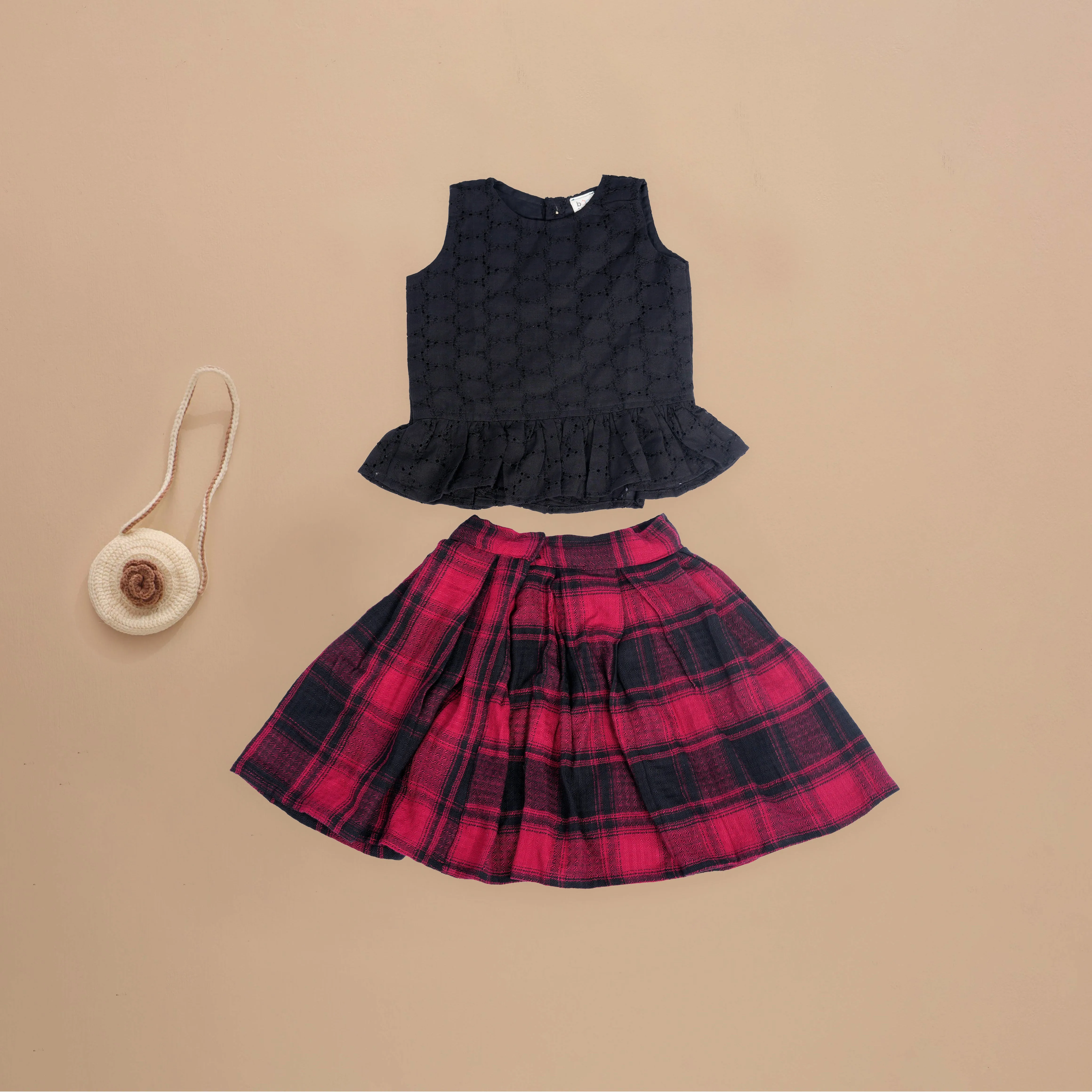 Elegant Black Hakkoba Printed Top with Red Knee-Length Skirt for Girls