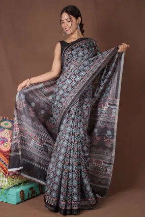 Exquisite Black & Grey Printed Beautiful Pallu Wrap in 1 Minute Drape Saree